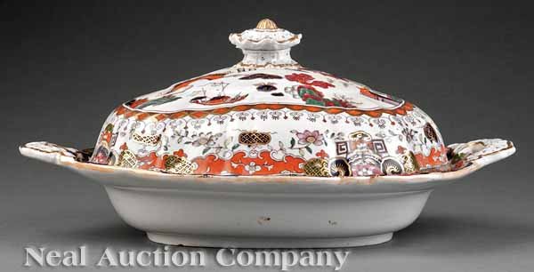 Mason's Ironstone Lidded Oval Vegetable Dish: A Mason's Ironstone Lidded Oval Vegetable Dish, c. 1820-30, decorated with Chinese watery landscape in iron red, cobalt and green, partial gilt, stamped, height 6 in., width 14 in., depth 10 in
