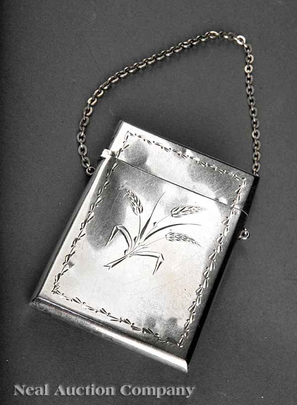 Gorham Sterling Silver Calling Card Case: An American Aesthetic Sterling Silver Calling Card Case, Gorham, ret. A.B. Griswold and Co., New Orleans (wc. 1865-1906), 19th c., bright cut decoration engraved "Sallie Cage", retaining original silk