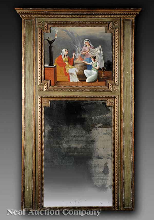 Carved, Painted and Gilded Trumeau: An Antique Louis XVI-Style Carved, Painted and Gilded Trumeau, 19th c., dentil cornice, guilloche border surrounding an oil on canvas depicting a scene from antiquity, beaded molded frame, guilloche b