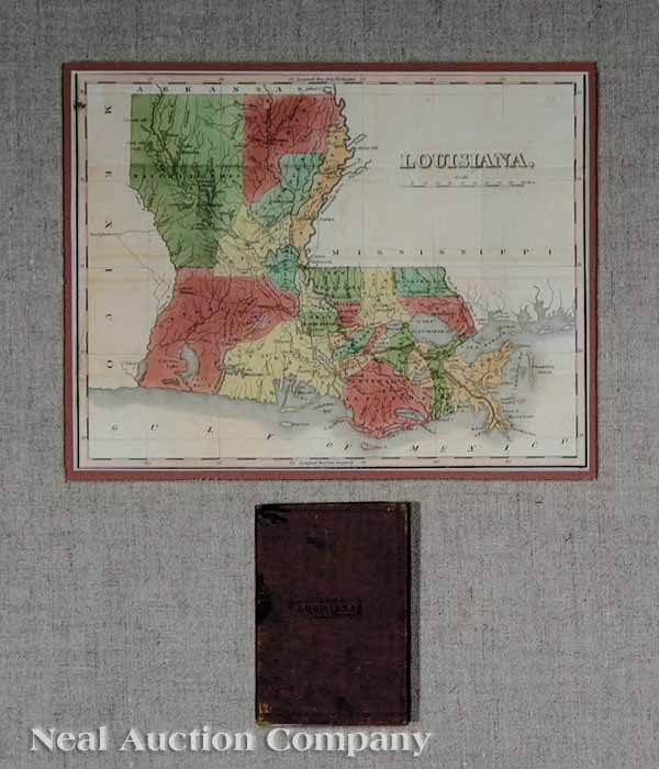 Federal Pocket Map of Louisiana pub.Finley: A Federal Pocket Map of Louisiana, c. 1820, hand-colored engraving, published by Anthony Finley, Philadelphia, the leather booklet with Finley's advertisement stating, in part, "New and Correct Pocket