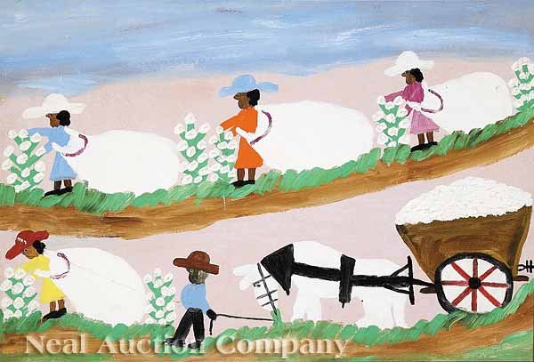 Clementine Hunter (American/Louisiana, 1886): Clementine Hunter (American/Louisiana, 1886-1988), "Picking Cotton", oil on board, monogrammed lower right, 16 in. x 23 1/2 in., framed