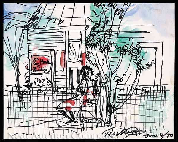 Noel Rockmore (American/New Orleans, 1928): Noel Rockmore (American/New Orleans, 1928-1995), "Clementine Hunter on her Porch", watercolor on paper, signed and dated "June 4/70" lower right, sight 10 1/2 in. x 13 1/4 in., attractively matted and