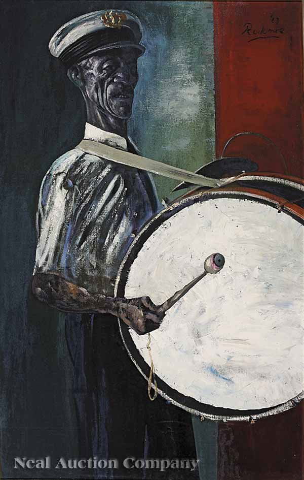 Noel Rockmore (American/New Orleans, 1928): Noel Rockmore (American/New Orleans, 1928-1995), "Henry 'Booker T' Glass, Drummer", oil on canvas, signed and dated "'63" upper right, with a paper label bearing the title en verso, 60 1/2 in. x 38 1/