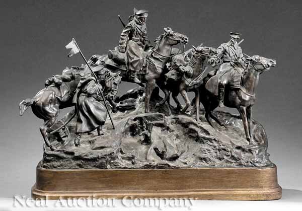 Russian Patinated Bronze Figural Sculpture: A Russian Patinated Bronze Figural Sculpture of "Cossacks on Horseback", after Eugene Lanceray (Russian, 1848-1886), cast signature in cyrillic with dates, height 14 1/4 in., width 19 in., depth 8 in