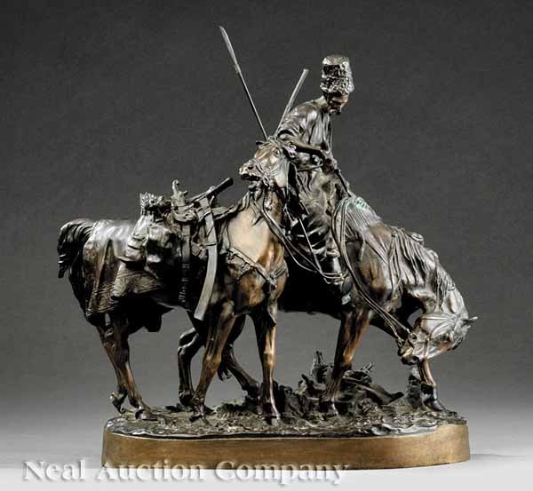 Russian Patinated Bronze Figural Sculpture: A Russian Patinated Bronze Figural Sculpture of "Zaporezh Cossack after the Battle", after Eugene Lanceray (Russian, 1848-1886), depicting two horses, one with a rider holding a saber, cast signature 