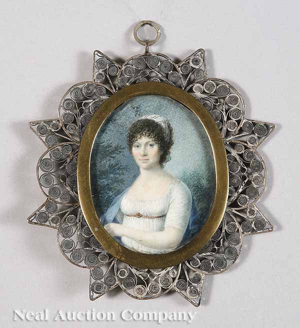Continental School, 19th c: Continental School, 19th c., "Portrait of a Woman", miniature watercolor on ivory, 2 1/2 in. x 2 in.,in an intricate silver filagree frame