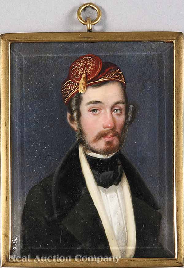 Continental School, 19th c: Continental School, 19th c., "Portrait of a Young Man in a Cap and Fur Collared Coat", miniature watercolor on ivory, 3 1/4 in. x 2 3/8 in., in original brass frame