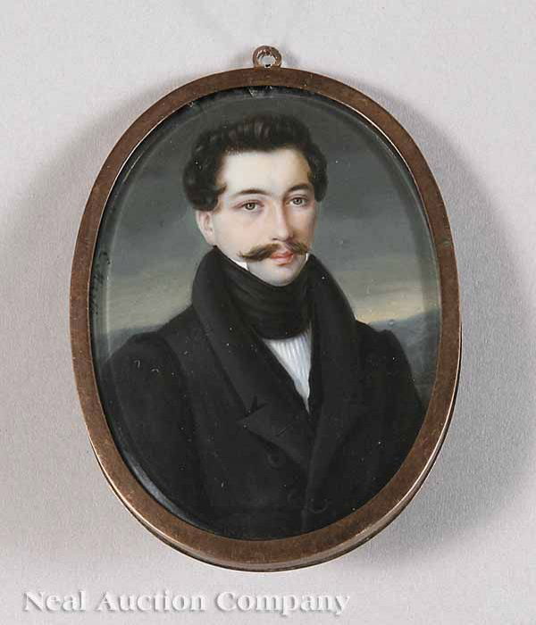 E. Martin (English, mid-19th c.): E. Martin (English, mid-19th c.), "Portrait of a Mustachioed Man", miniature watercolor on ivory, signed and dated "E. Martin 1852", 2 1/2 in. x 2 in., in original brass frame