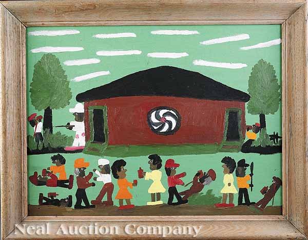 Clementine Hunter (American/Louisiana, 1886-1988): Clementine Hunter (American/Louisiana, 1886-1988), "Saturday Night Juke Joint", oil on canvas board, monogrammed mid-right, titled en verso, 18 in. x 24 in., framed