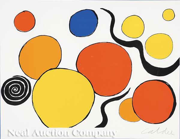Alexander Calder (American/Pennsylvania): Alexander Calder (American/Pennsylvania, 1898-1976), "Spiral and Circles", color lithograph on paper, pencil-signed lower right, numbered"101/125" lower left, sight 22 7/8 in. x 29 7/8 in., attractive
