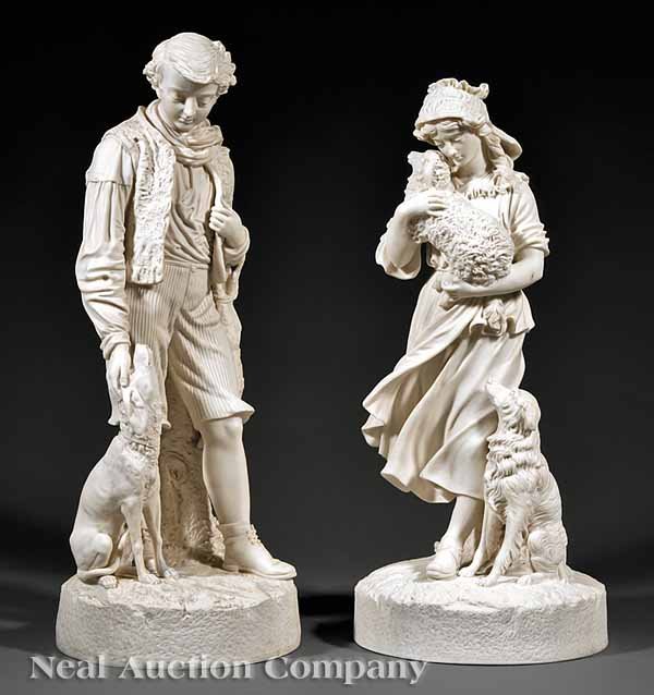 A Pair of Parian Porcelain Figures: A Pair of Parian Porcelain Figures, 19th c., one of a shepherdess and her dog, the other a hunter and his hound, height 18 1/2 and of 20 in. respectively