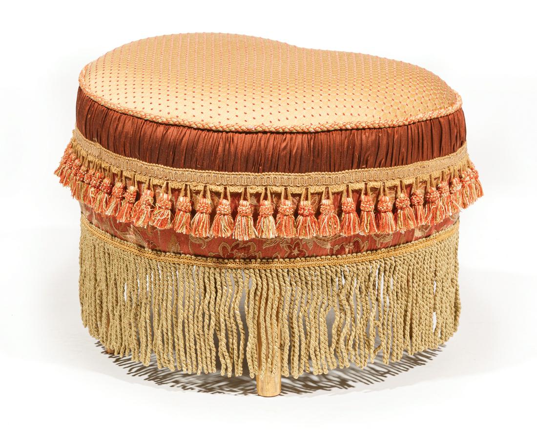 Kidney-Shaped Pouf: Kidney-Shaped Pouf , ruched surround, tassels, bullion fringe, h. 18 in., w. 25 in., d. 19 in