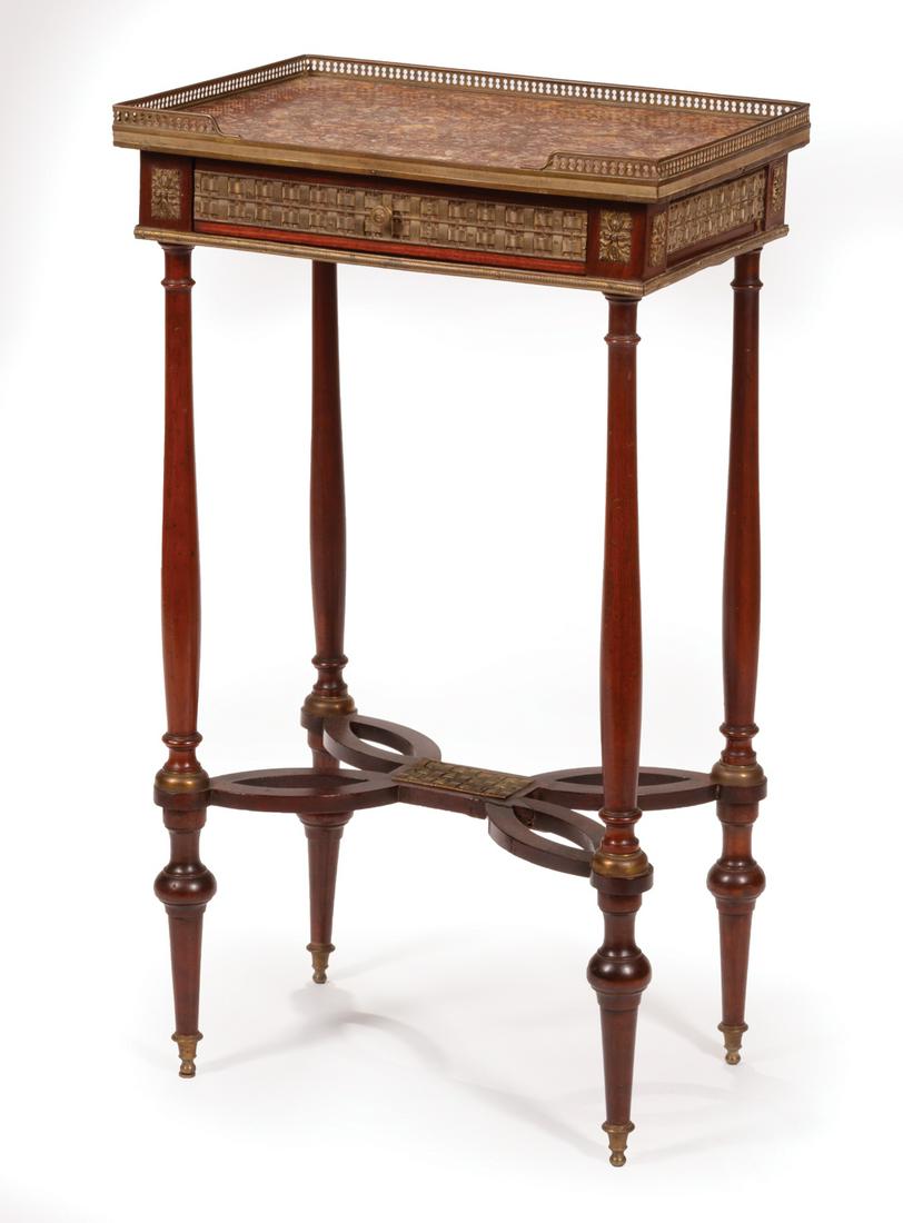 Louis XV-Style Bronze-Mounted Gueridon: Louis XV-Style Bronze-Mounted Gueridon , pierced gallery, rouge marble, single drawer, columnar legs, elliptical stretcher, toupie feet, caps, h. 30 1/4 in., w. 17 1/4 in., d. 12 1/2 in