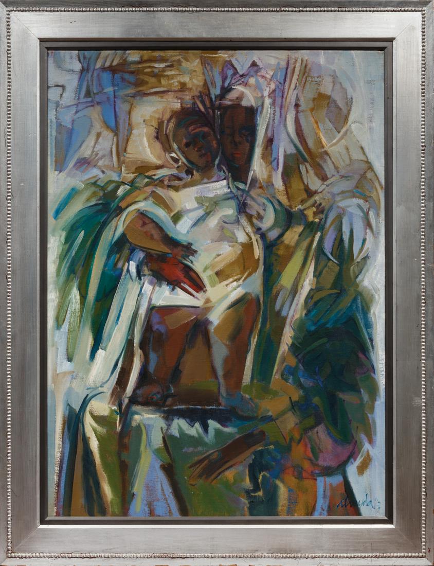 Joseph Almyda (American/Florida, 1927-2011): Joseph Almyda (American/Florida, 1927-2011) , "Mother and Child", 1963, oil on canvas, signed and dated lower right, 44 in. x 32 in., framed Condition: Overall good condition. Ext. Frame: 53 in. x 41