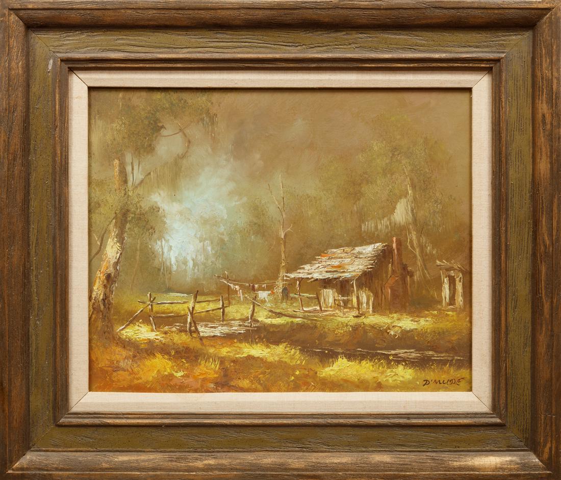 Eugene Daymude (American/Louisiana, 1925-1995): Eugene Daymude (American/Louisiana, 1925-1995) , "Bayou Cabin", oil on masonite, signed lower right, 16 in. x 20 in., framed Condition: Overall good condition: Ext. Frame: 24 in. x 28 in. x 1 1/2 in
