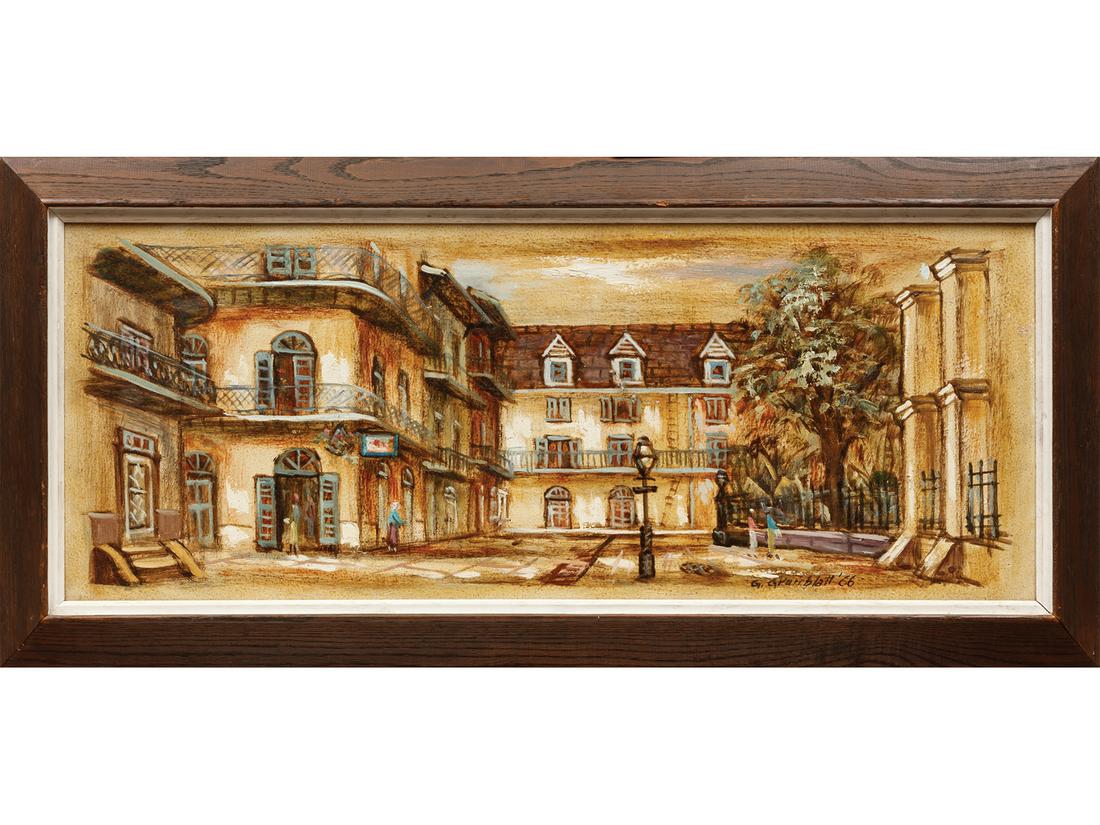 George Grunblatt (American/New Orleans): George Grunblatt (American/New Orleans, 1923-2008) , "Pirate's Alley in New Orleans", 1966, oil on masonite, signed and dated lower right, signed, titled and dated en verso, 12 in. x 29 3/4 in., frame