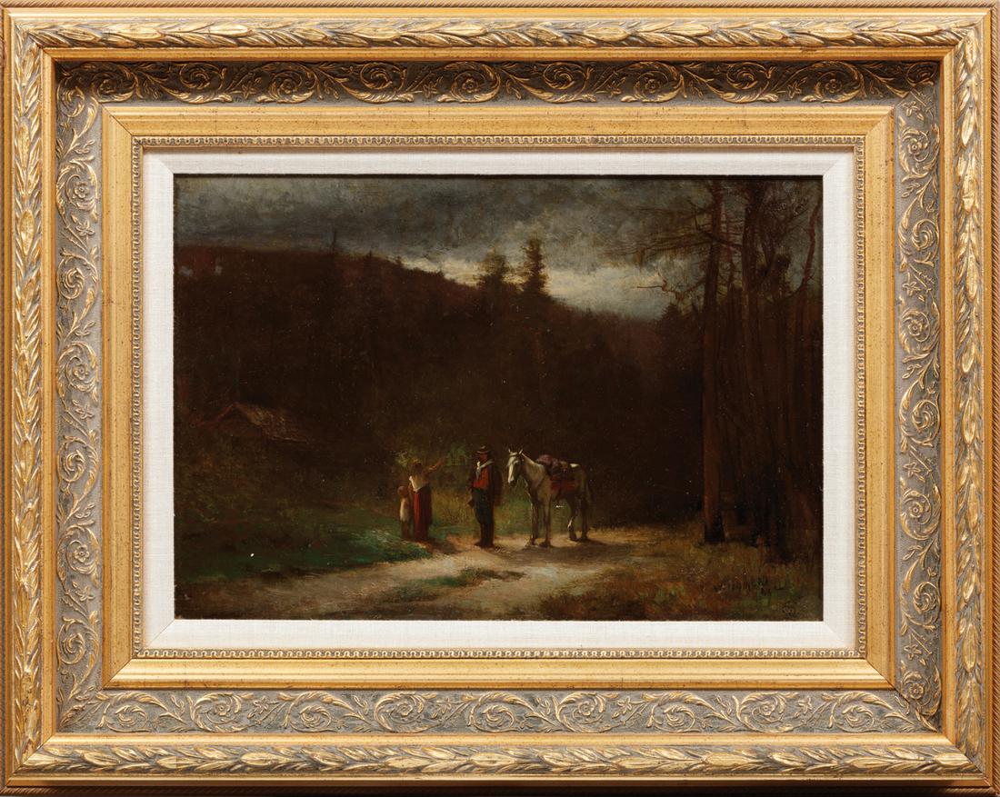 American School, 19th c: American School, 19th c ., "Meeting on the Road", oil on canvas, bears signature "W. Homer" lower right, "Mobile Art Center, Koch Galleries, Mobile" label on backing paper, 12 3/4 in. x 18 1/4 in., fr