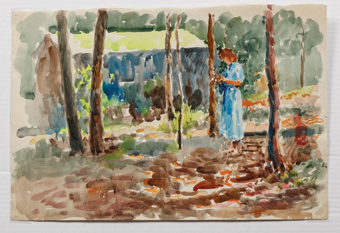 Henry Mortikar Rosenberg (American, 1858-1947): Henry Mortikar Rosenberg (American, 1858-1947) , "Woman Taking a Walk", watercolor on paper, unsigned, 15 in. x 22 in., unframed Provenance: Property of the Mobile Museum of Art, Mobile, AL, sold to b