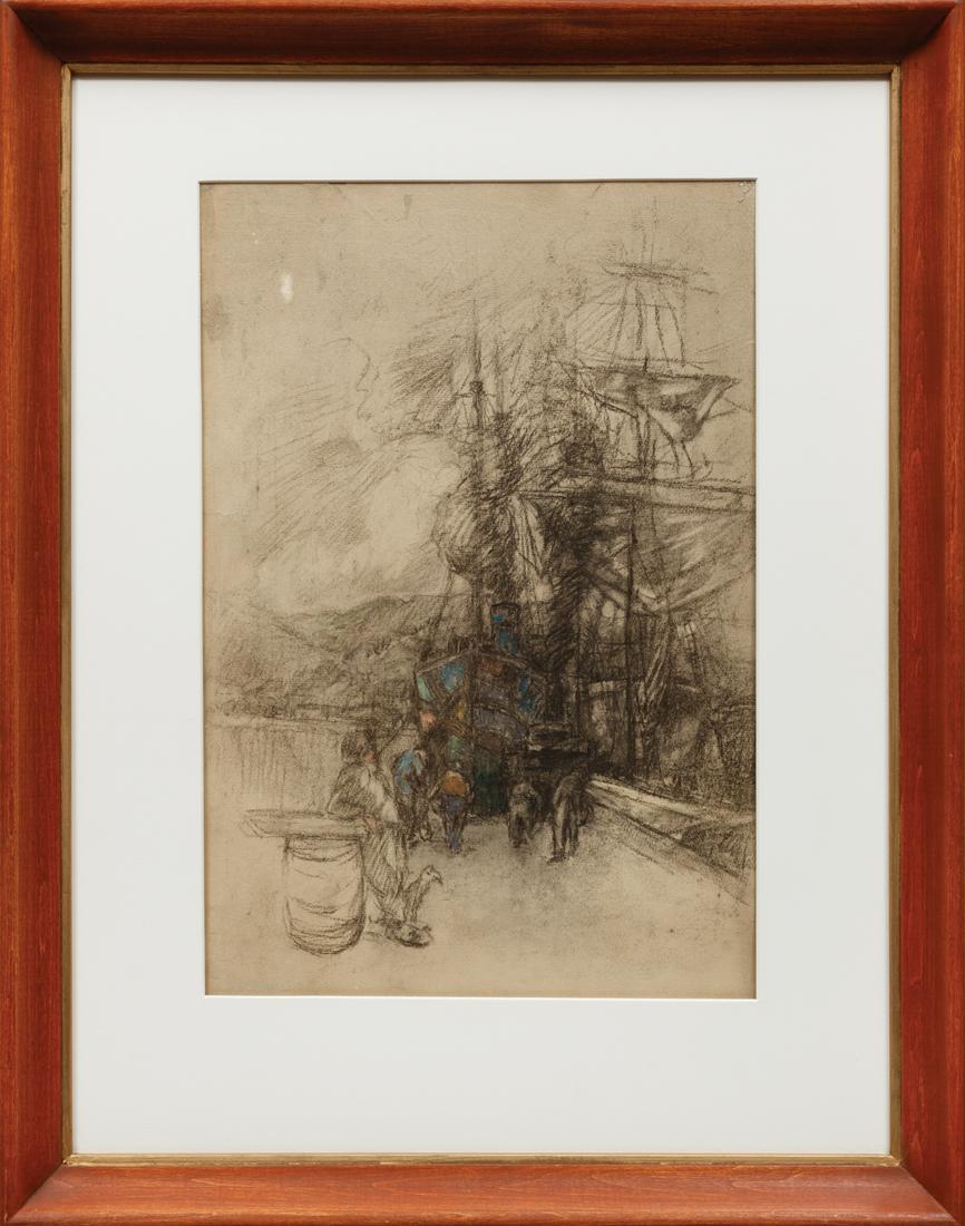 Henry Mortikar Rosenberg (American, 1858-1947): Henry Mortikar Rosenberg (American, 1858-1947) , "At the Docks", charcoal and watercolor on paper mounted to board, unsigned, 18 1/2 in. x 12 1/4 in., framed Provenance: Property of the Mobile Museum 