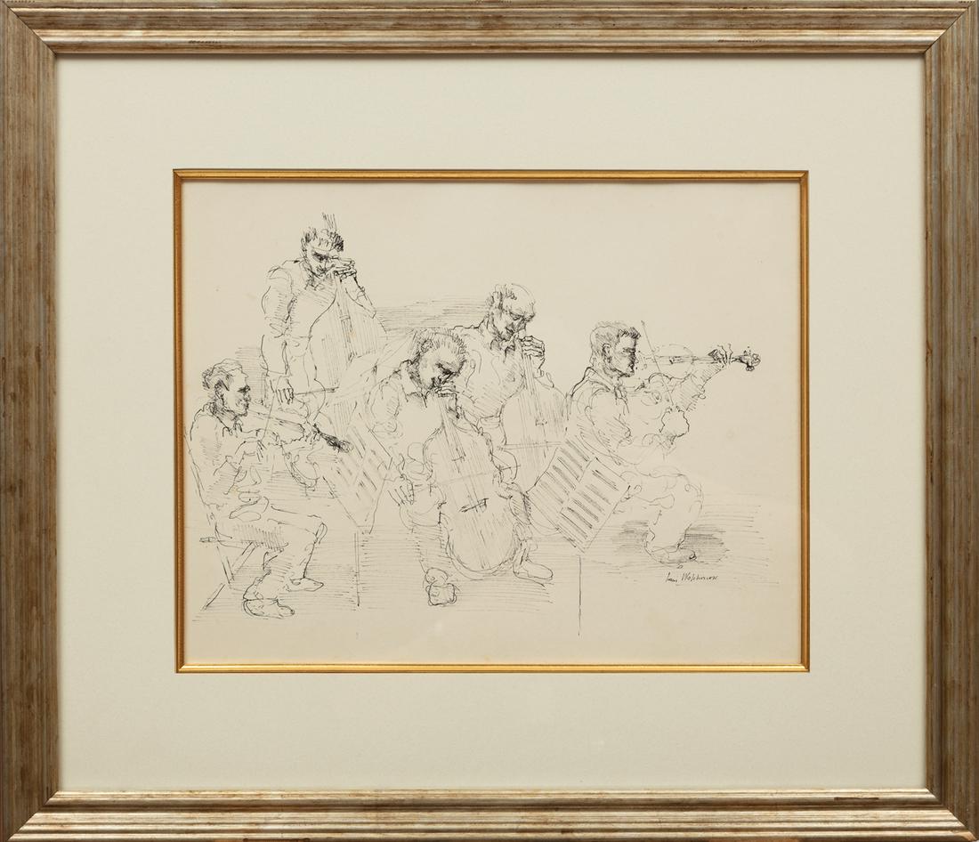 Louis Wolchonok (American/New York, 1898-1973): Louis Wolchonok (American/New York, 1898-1973) , "Rehearsal for Strings", pen and ink on paper, signed lower right, titled en verso, 11 1/2 in. x 14 1/2 in., framed Condition: Overall good condition. 