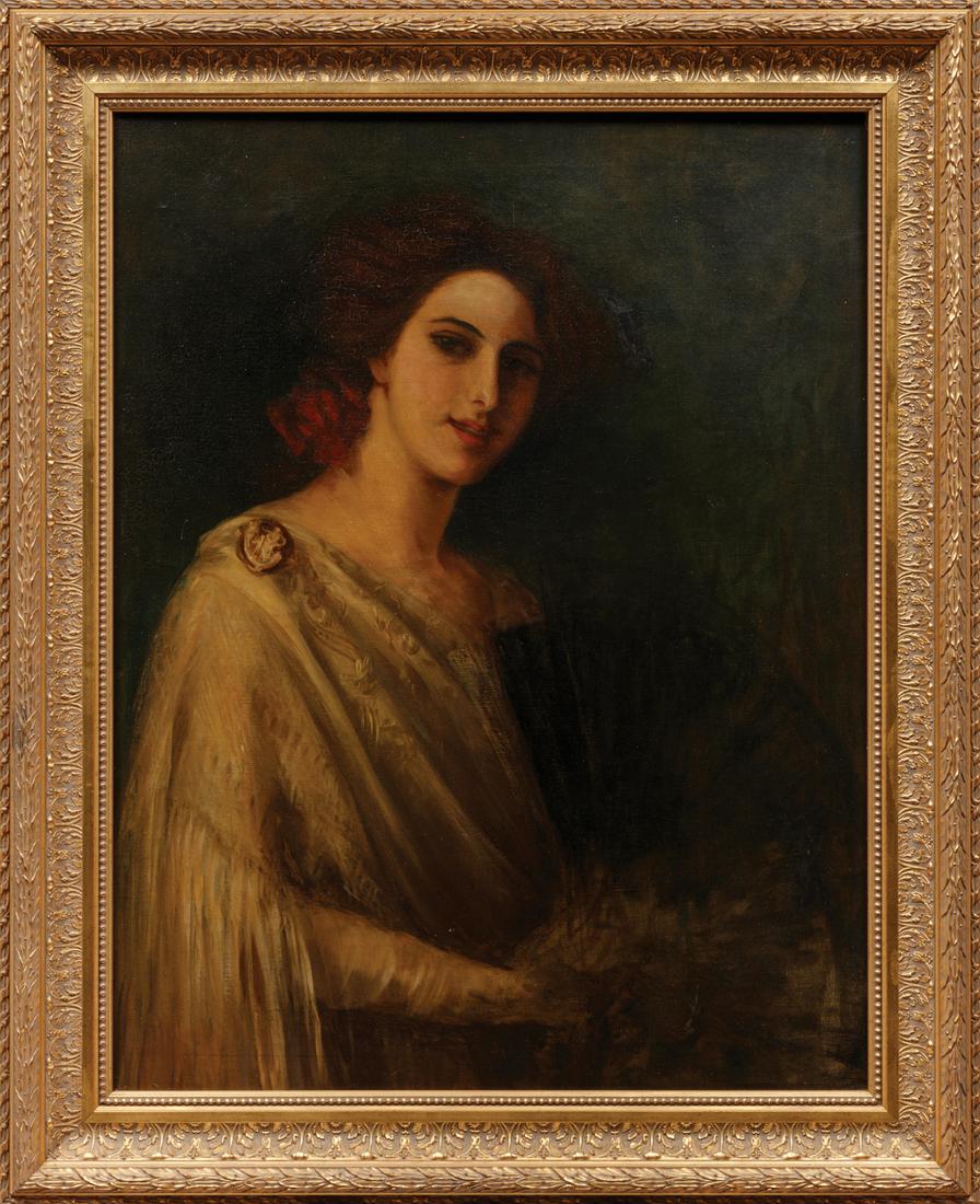 Continental School, late 19th c: Continental School, late 19th c ., "Portrait of a Woman", oil on canvas, unsigned, 36 in. x 27 3/4 in., framed Condition: Overall fair condition. Ext. Frame: 43 1/2 in. x 35 1/2 in. x 3 in