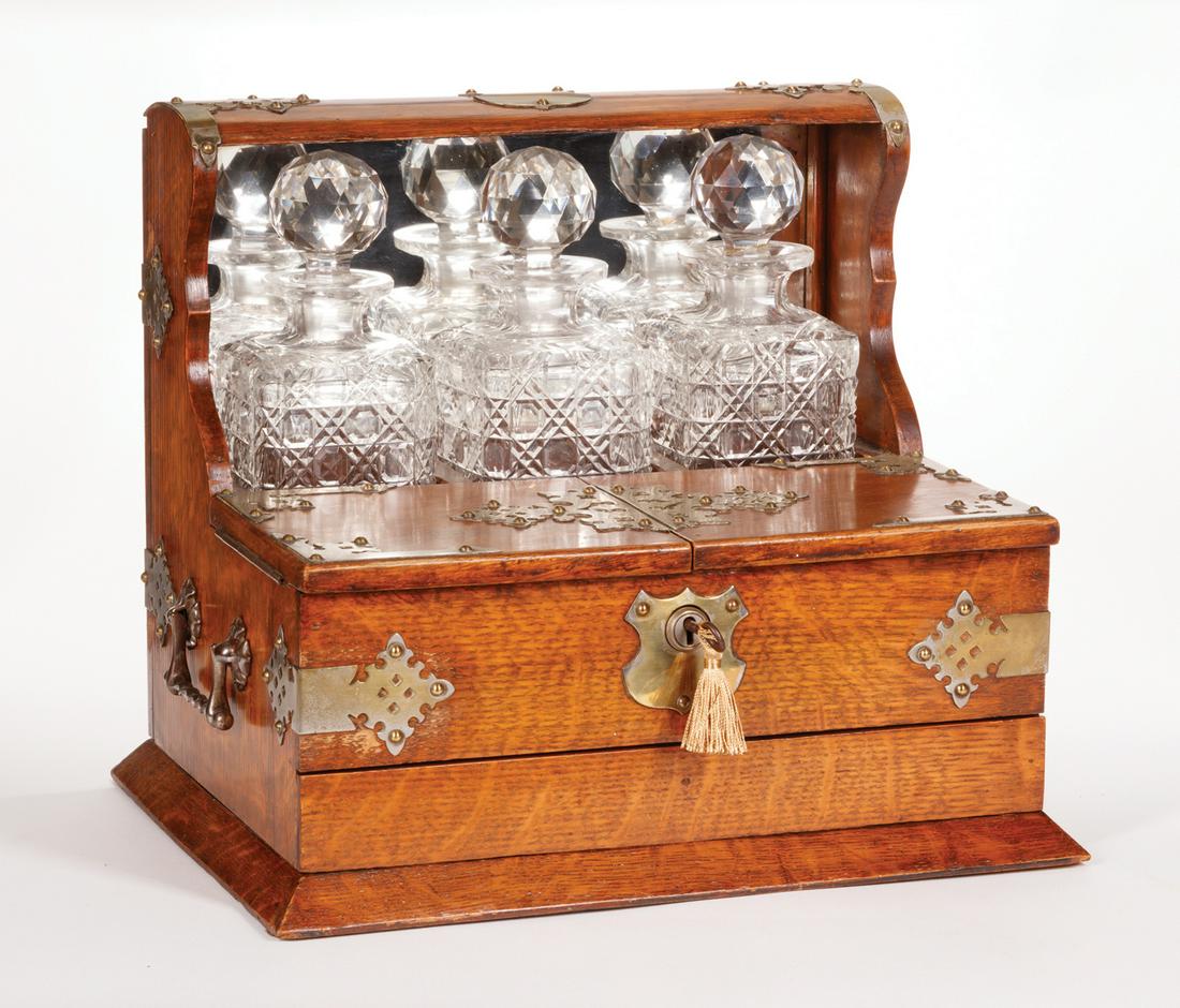 Victorian Brass-Mounted Oak Glass Tantalus (1 of 6)