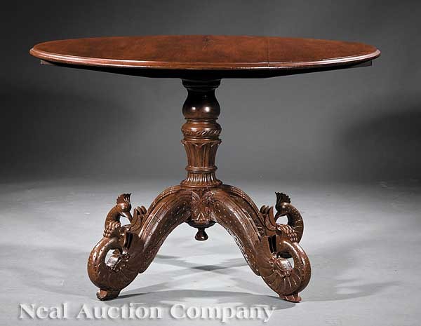 Carved Tropical Hardwood Tilt-Top Breakfast Table: An Antique Anglo-Indian Carved Tropical Hardwood Tilt-Top Breakfast Table, 19th c., molded edge top, vasiform leaf carved stem, anthropormphic outswept legs terminating exotic birds, height 29 in., di