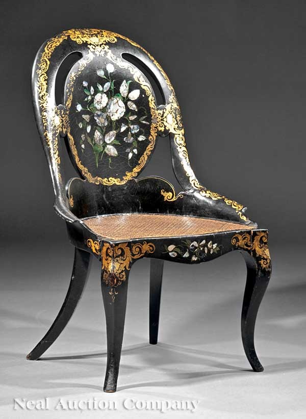English Papier Mâché Parlor Chair: A Fine English Papier Mâché Parlor Chair, mid-19th c., oval mother-of-pearl inlaid back, serpentine caned seat, cabriole legs
