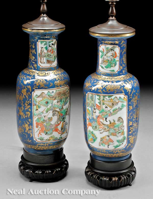 Pair of Chinese Famille Verte Rouleau Vases: A Pair of Chinese Famille Verte Rouleau Vases, 19th c., the rounded bodies with slightly inset panels depicting warring mounted figures with their standard-bearing attendants, the necks with figures a