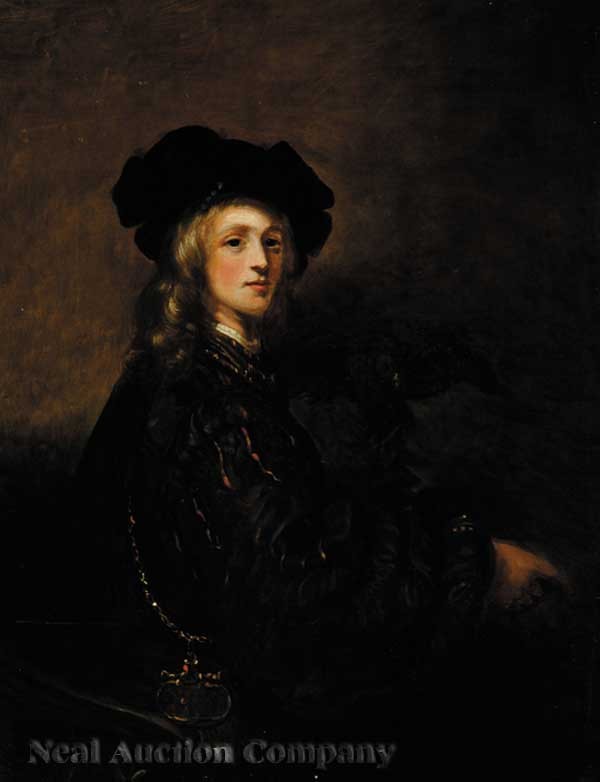 Continental School, late 19th c.: Continental School, late 19th c., in the style of Rembrandt, two oils on canvas including "A Man with Golden Locks" and "A Bejeweled Woman", stamped "Roberson Miller" en verso, both 18 1/8 in. x 14 1/