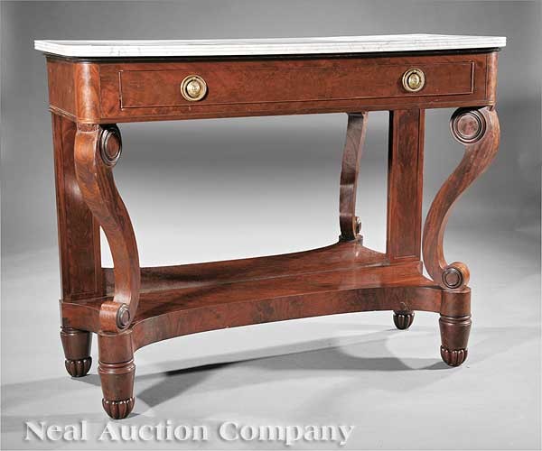 Mahogany Pier Table attri. Duncan Phyfe and Son: An American Late Classical Carved Mahogany Pier Table, 19th c., attributed to Duncan Phyfe and Son, marble top, frieze drawer, canted and scrolled supports, mirror back, tapered legs, melon feet, heig