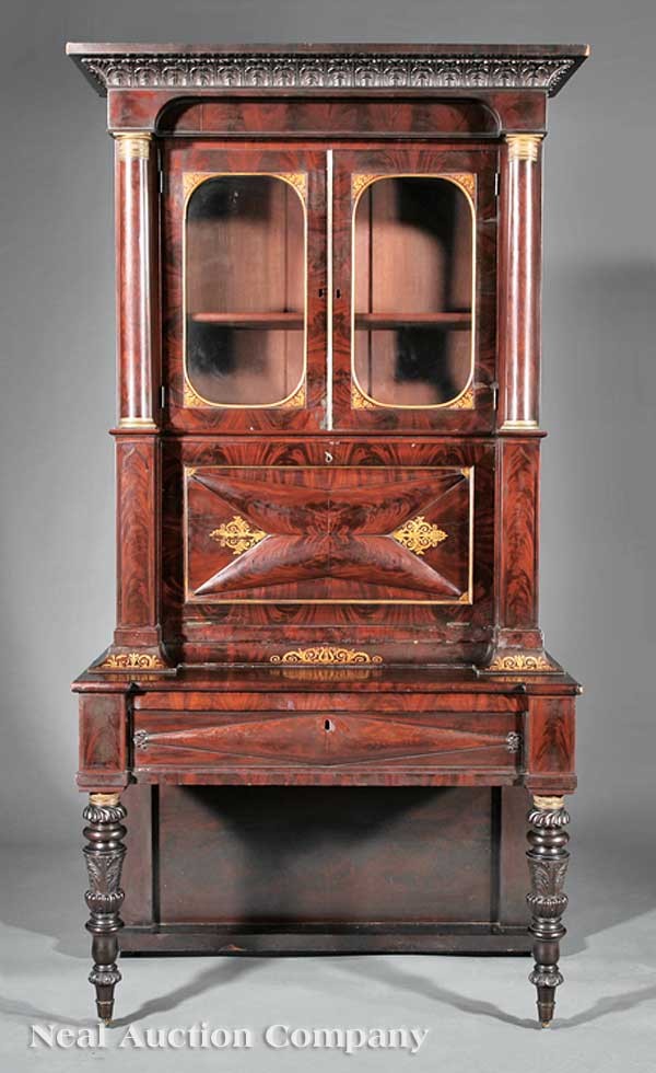 Stenciled and Carved Mahogany Secretary Bookcase: A Fine American Classical Stenciled and Carved Mahogany Secretary Bookcase, early 19th c., Baltimore, carved cornice, glazed doors enclosing shelves, fall front lid faced with bolection molding, birds