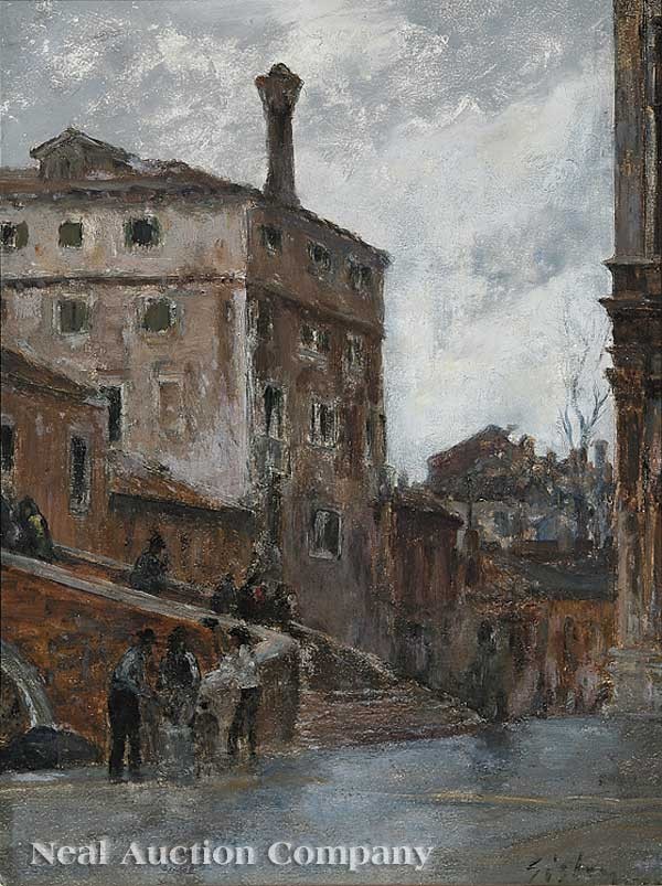 French School, 19th c: French School, 19th c., "Campo dei SS. Giovanni e Paolo, Venezia", oil on beveled wood panel, signed "Sisley" lower right, remnant of old label en verso, 12 1/4 in. x 9 1/8 in., in a fine carved, gess