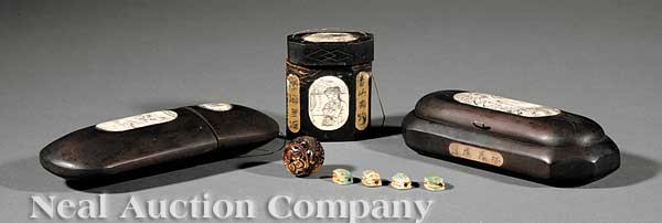Group of Chinese and Japanese Accessories: A Group of Chinese and Japanese Accessories, including three Chinese wooden boxes, one Japanese carved ojime bead, and four small turquoise-colored beads (8 pcs.)