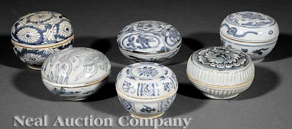 Six Chinese Pottery Circular Boxes: A Group of Six Antique Chinese Pottery Circular Boxes, probably Ming Dynasty (1368-1644), each of compressed globular form, with domed and flat covers, variously decorated, heights 2 in. to 3 in., dia