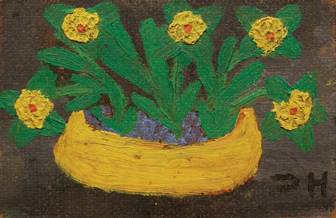 Clementine Hunter (American/Louisiana, 1886-1988): Clementine Hunter (American/Louisiana, 1886-1988), "Zinnias in Yellow Bowl", oil on panel, monogrammed lower right, 4 in. x 6 in., framed Note: This painting has been authenticated by renowned Clement