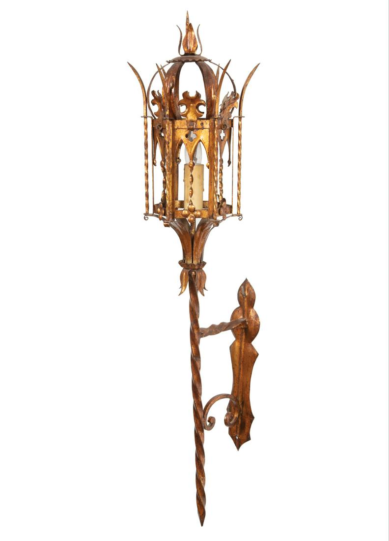 Pair of American Gothic-Style Patinated Metal Sconces: Pair of American Gothic-Style Patinated Metal Sconces, attr. to Frederick Cooper, Chicago, h. 39 in., w. 10 in., d. 11 in.