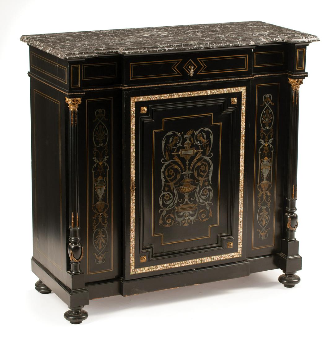 Brass and Silver Inlaid Ebonized Commode (1 of 12)