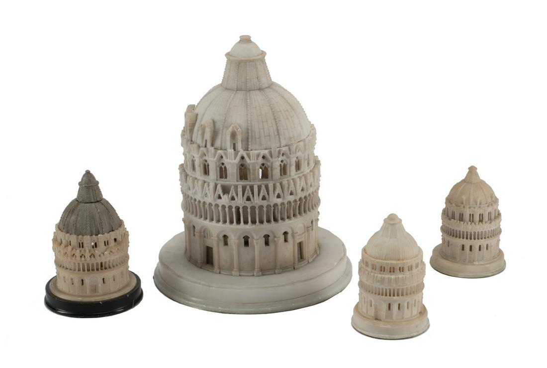 Four Italian Grand Tour Alabaster Models: Four Italian Grand Tour Alabaster Models of the Pisa Baptistry, c. 1900, largest h. 12 in., dia. 9 in