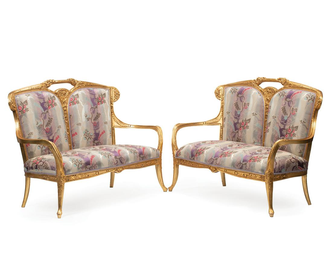 Art Nouveau-Style Carved and Gilt Wood Settees: Pair of Art Nouveau-Style Carved and Gilt Wood Settees, divided padded backs, cabriole legs, h. 45 in., w. 63 in., d. 24 in