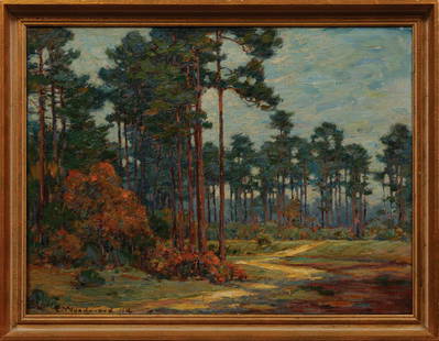 Ellsworth Woodward (American/Louisiana, 1861): Ellsworth Woodward (American/Louisiana, 1861-1939), "St. Tammany Pines", 1914, oil on canvas, signed and dated lower left, inscribed on stretcher, 18 in. x 24 in., framed