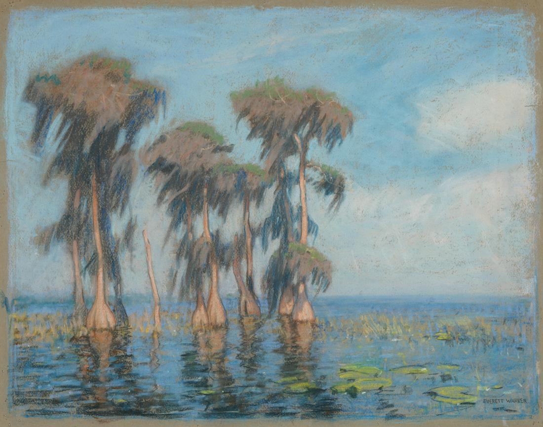 Everett Longley Warner (American/Iowa, 1877-1963): Everett Longley Warner (American/Iowa, 1877-1963), "Florida Cypress Trees", pastel on paper, signed lower right, 22 1/2 in. x 28 5/8 in., framed