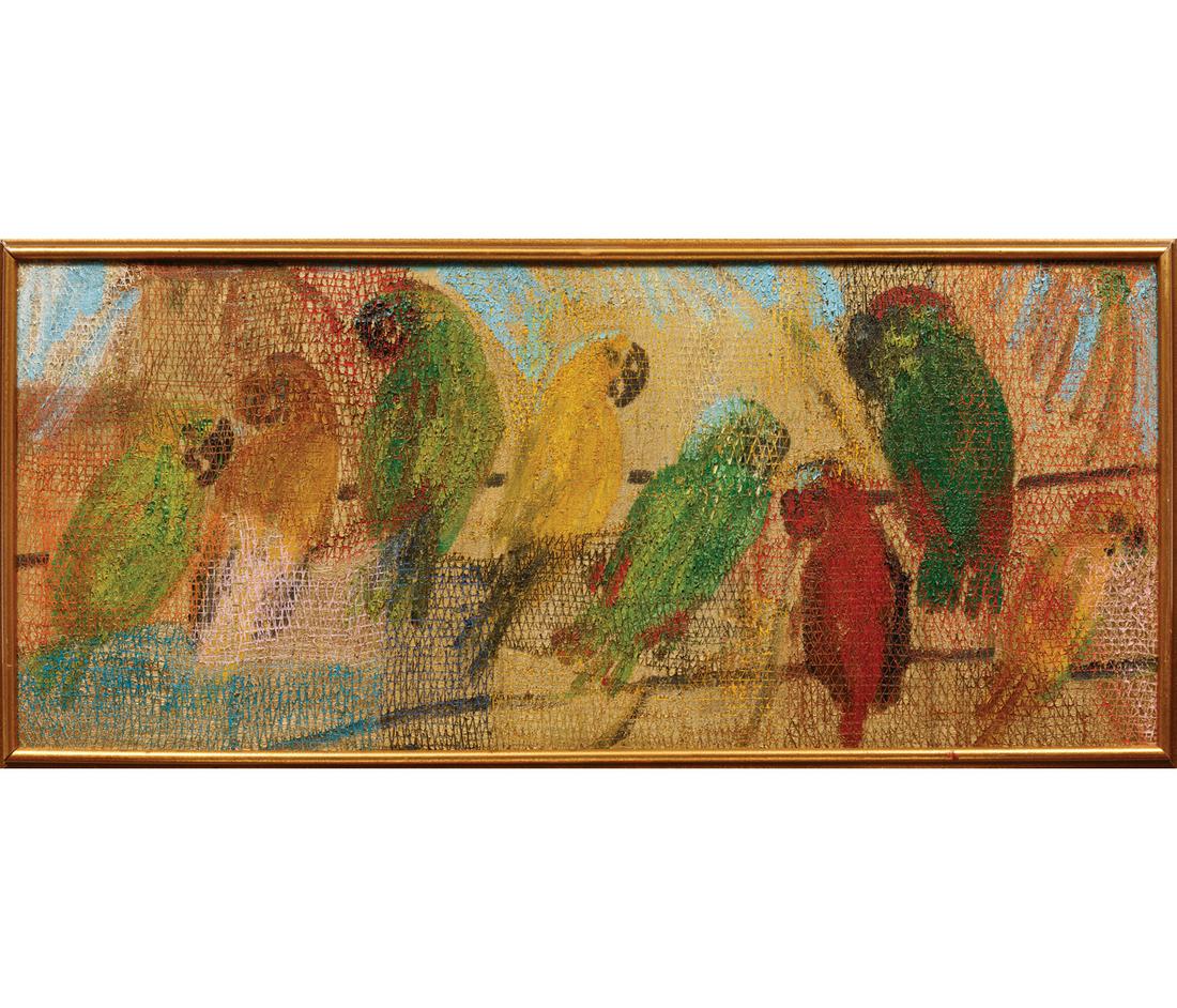Hunt Slonem (American/Louisiana, b. 1951): Hunt Slonem (American/Louisiana, b. 1951), "Untitled (Birds on Gold)", 2006, oil on canvas, signed and dated en verso, 22 in. x 51 in., framed