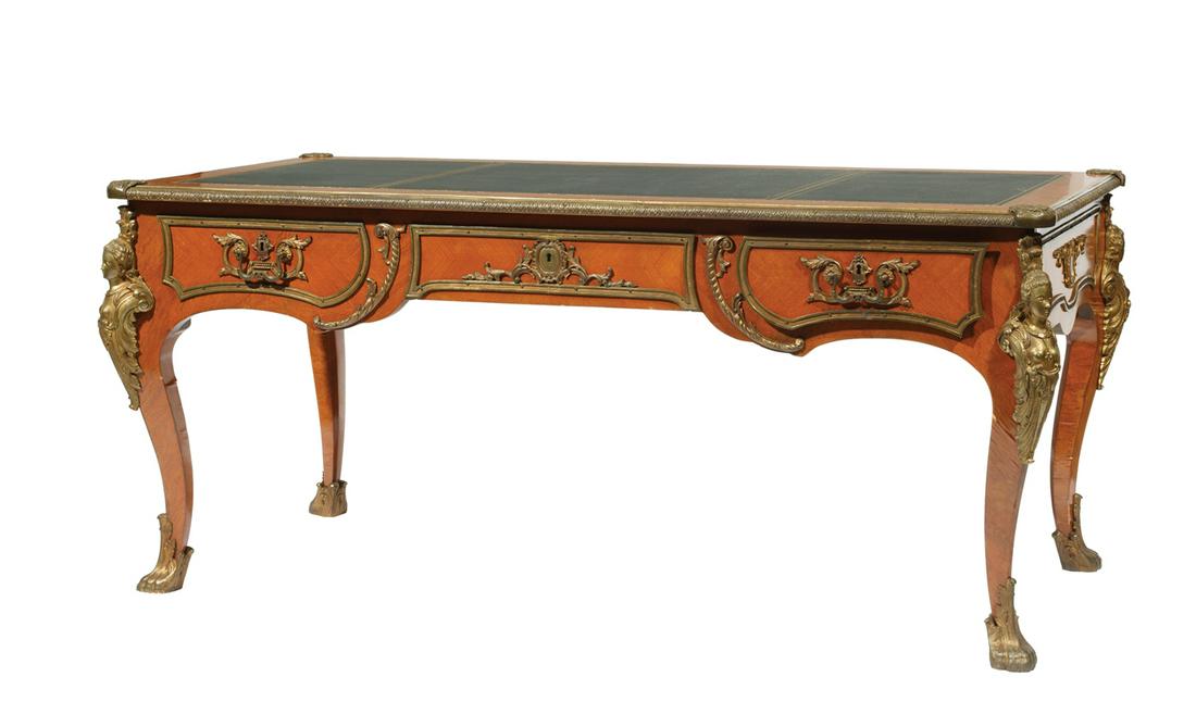 Bronze-Mounted Mahogany Bureau Plat: Large Louis XVI-Style Bronze-Mounted Mahogany Bureau Plat, mid-20th c., rectangular top inset with tooled leather writing surface, shaped apron with three drawers and three blind drawers on back, term