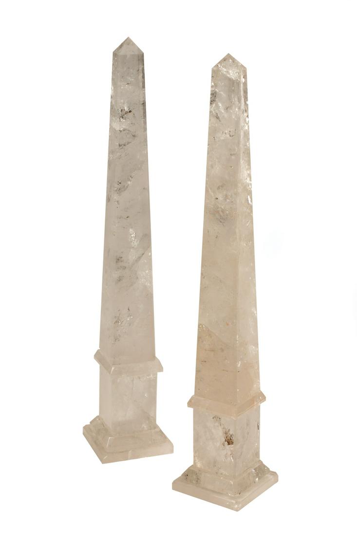 Pair of Continental Rock Crystal Obelisks: Pair of Continental Rock Crystal Obelisks, 20th c., of typical form, h. 20 1/2 in., w. 4 in., d. 4 in