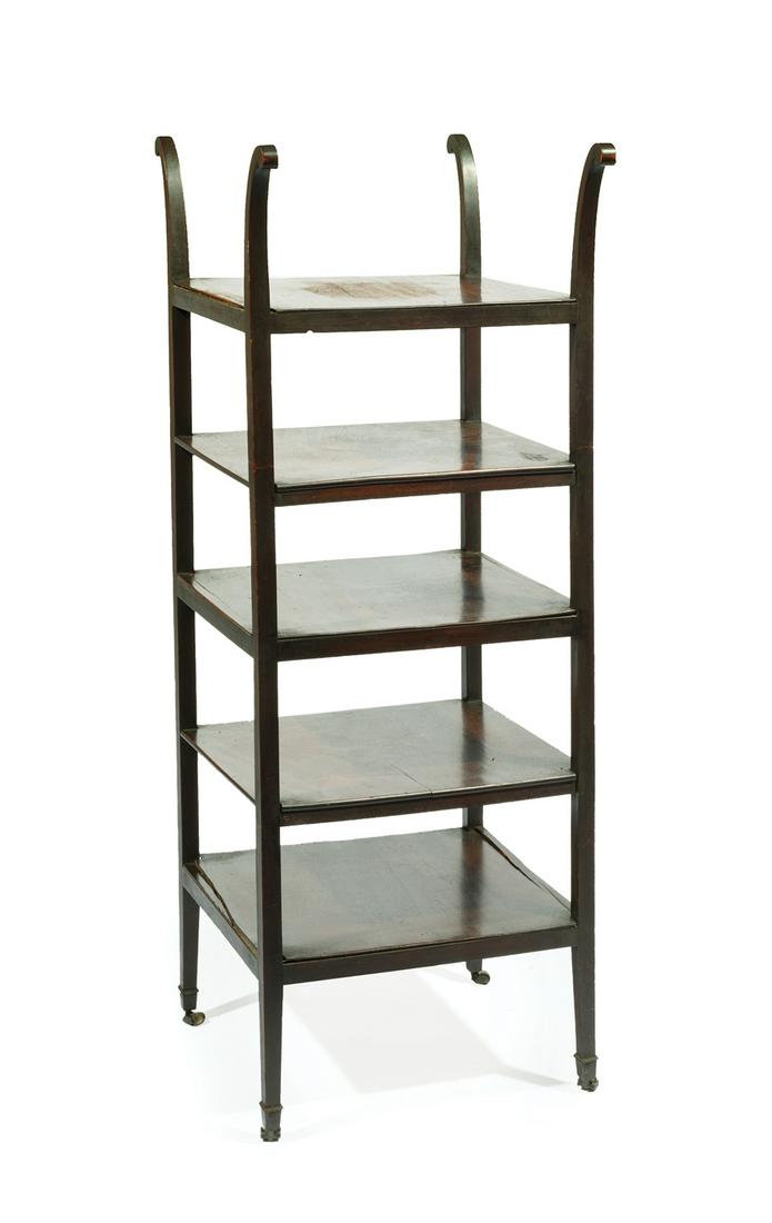 Edwardian Mahogany Trolley: Edwardian Mahogany Trolley, early 20th c., scroll tops on square stiles, five shelves, cuffs and casters, h. 50 in., w. 18 in., d. 18 in