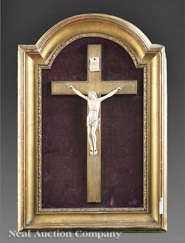 Continental Ivory and Giltwood Crucifix: A Continental Ivory and Giltwood Crucifix, presented in a later molded gilt frame with a velvet mat, inscribed "A gift to Harmon Wynne by his friend Charles Murry (Schmertzler) purchased Paris flea ma
