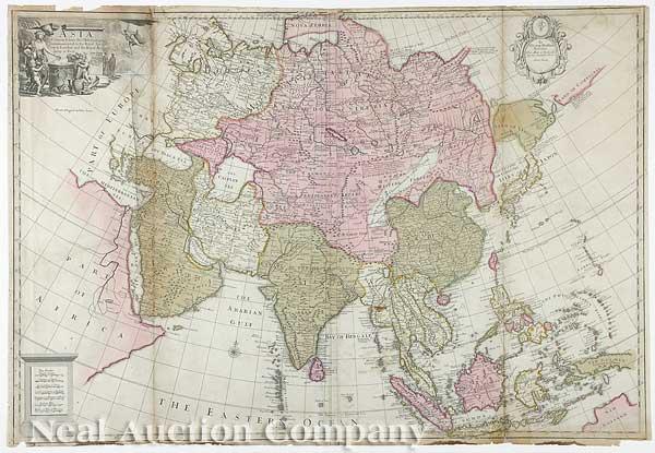 John Senex (English, 18th c.): John Senex (English, 18th c.), "Asia Corrected from the Observations Communicated to the Royal Society at London and the Royal Academy at Paris", c. 1710, hand-colored copper engraved map, sheet 26 1/