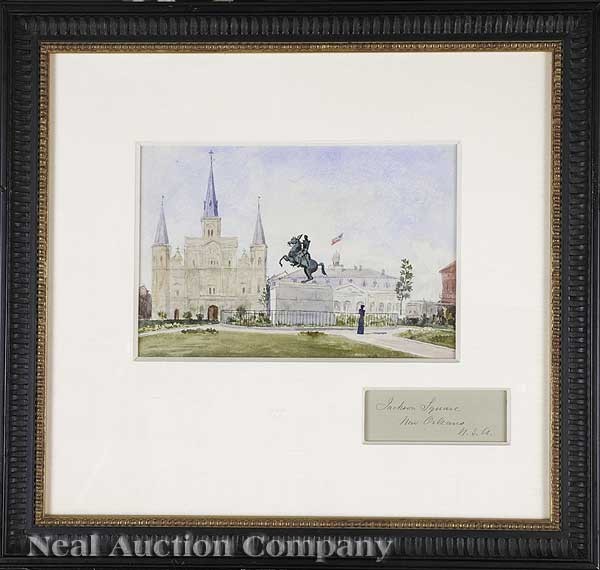 Robert Harvey (American, 19th c.): Robert Harvey (American, 19th c.), "Jackson Square New Orleans, Louisiana, U.S.A.", watercolor on paper, unsigned, pencil-titled, inscribed "No. 4", with a preparatory sketch, and stamped "87C" en ver