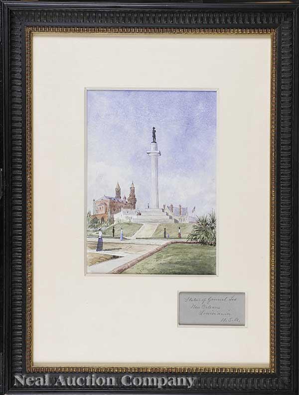 Robert Harvey (American, 19th c.): Robert Harvey (American, 19th c.), "Statue of General Lee, New Orleans, Louisiana", watercolor on paper, unsigned, pencil-titled, inscribed "No 2", and stamped "90C" en verso, titled on the mat, 10 in